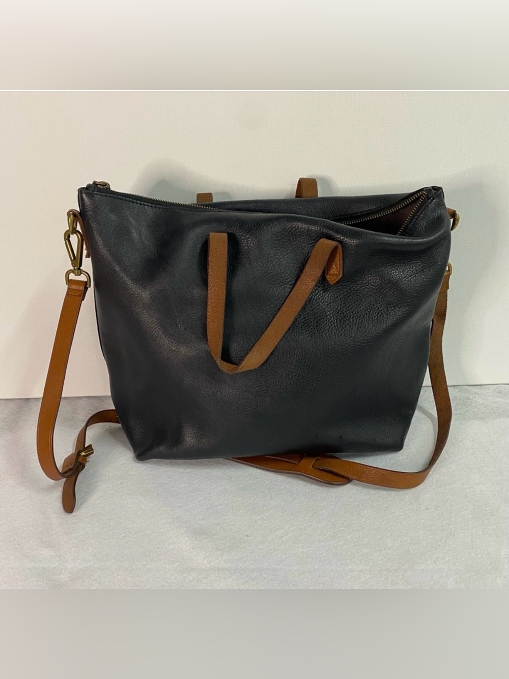 Madewell Black Tote with Brown Leather Straps
